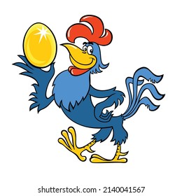 A proud rooster holds a golden egg. Image of a funny rooster in cartoon style. Vector rooster showing off a golden egg.