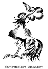 The proud rooster shows off its large tail and beautiful plumage. Illustration, logo, icon, coloring book.