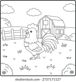 Proud Rooster Standing in Farm Yard with Wooden Barn and Fence Coloring Page featuring countryside and poultry