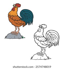 A Proud Rooster Standing on a Rock Welcoming a New Day. Hand drawn. Drawing. Cartoon. Simple. Vector illustration