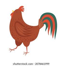 Proud rooster walking flat vector illustration. Arrogant farm bird side view. Cute domestic poultry character