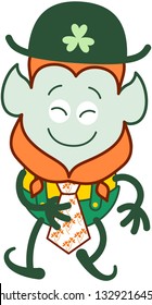 Proud Saint Patrick's Day Leprechaun with red beard, pointy ears and traditional hat and costume smiling enthusiastically and walking while exhibiting an elegant tie decorated with clovers