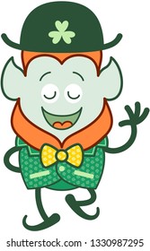 Proud Saint Patrick's Day Leprechaun with red beard, pointy ears and traditional hat smiling enthusiastically while walking, waving and exhibiting elegant bow tie and costume decorated with clovers