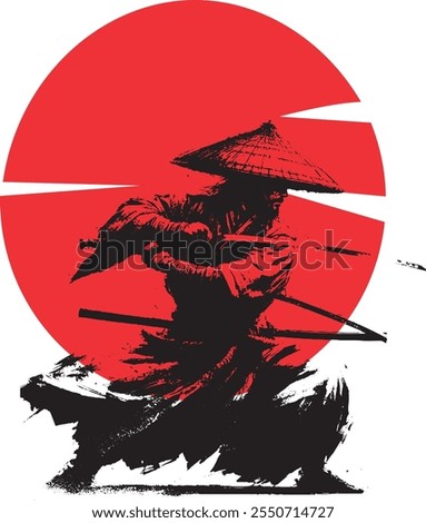 proud samurai warrior and the red sun