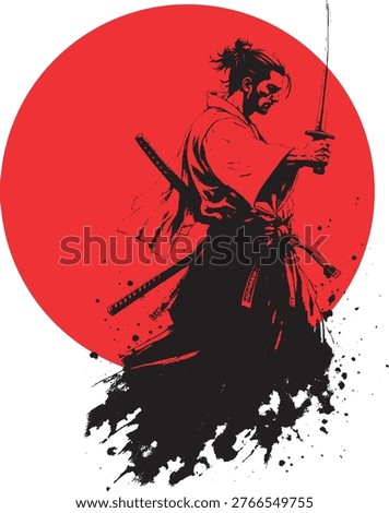 proud samurai warrior in the red sun of Japan