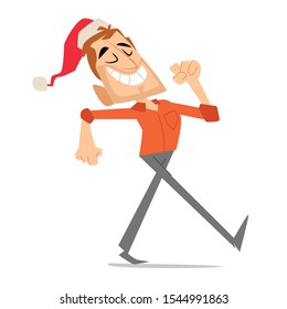 Proud self-confident man wearing a Santa hat walking smiling happy. Merry christmas. Christmas eve. Christmas concept. Happy Christmas. Vector illustration on white background. Flat design.