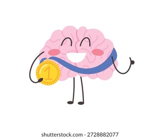 Proud smiling brain character with the first place medal. Win and achievement concept. Funny emotional mascot. Vector illustration isolated