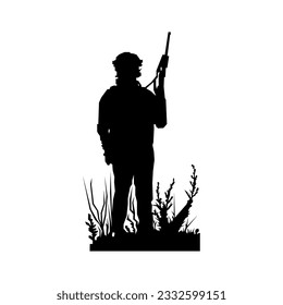 ein stolzer Soldat mit einer Waffe auf dem Hintergrund des Himmels unter dem Gras. einzelne Vektorgrafik