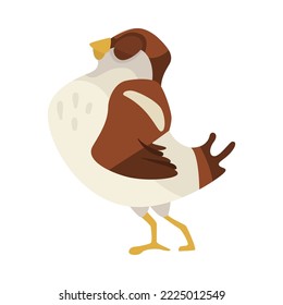Proud sparrow turning away cartoon illustration. Cute funny small brown bird with wings on hips on white background. Animal, wildlife concept.