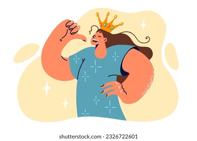 Proud teenage girl wearing crown points finger at herself, feeling ambitious and confident to succeed. Schoolgirl in golden princess crown for concept of narcissism and vanity in children