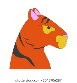 Proud tiger head 2D cartoon character. Mammal predator. Carnivore feline striped. Jungle beast. Wildcat wild muzzle isolated animal flat vector on white background. Spot illustration colorful