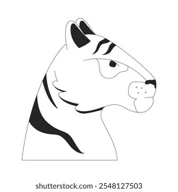 Proud tiger head black and white 2D line character. Mammal predator. Carnivore feline striped. Jungle beast. Wildcat wild muzzle isolated vector outline animal. Monochromatic spot illustration