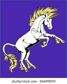 The proud white unicorn who got on hind legs on a violet background