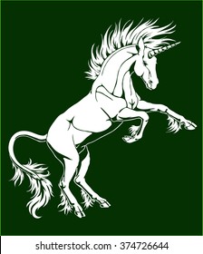 The proud white unicorn who got on hind legs on a green background
