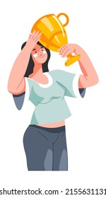 Proud winner with gold trophy cup in hands, isolated female character with smile on face. Victory in contest or competition, sports events and challenges awards and rewards. Vector in flat style