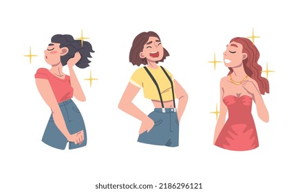 Proud Woman with Head High and Laughing Out Loud Vector Set