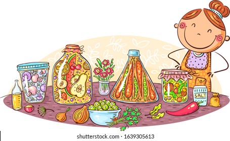 Proud woman with homemade preserved, pickled, marinated vegetables, colorful vector illustration