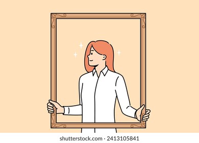 Proud woman poses for portrait looking to side, wanting to get on board with best employees of company. Proud girl in formal shirt participating in photo shoot for business magazine about management