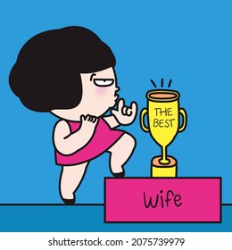 Proud Woman Won The Competition Of Best Wife Award, Walking On Reward Podium Getting Trophy Concept Card Character illustration