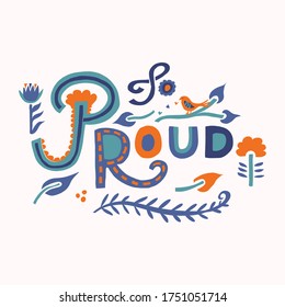 Proud of you greeting card quote. Paper cut out collage handwritten message. Social media motivational note card. Heartfelt typographic achievement phrase banner.