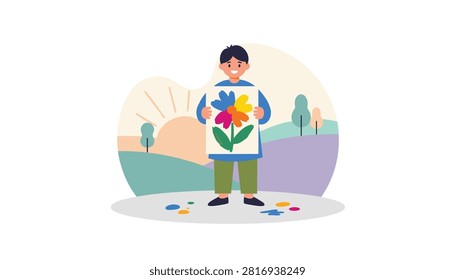 Proud young boy stands against a sunny landscape and happily shows his colorful finger painting of a flower.