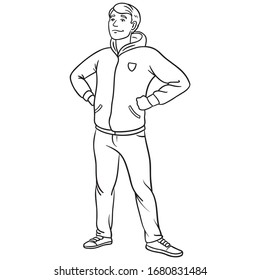 orgulloso joven con las manos en la cadera y sonriendo. dibujo esquemático, carácter, escuela.