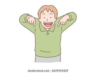 Proud young man pointing at himself with both hands, confident, successful handsome guy, charming leader. Hand drawn style vector design illustrations.