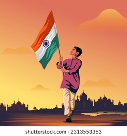 Proudly Celebrating India's National Festival-Vector Illustration of an Enthusiastic Indian Boy Waving the National Flag