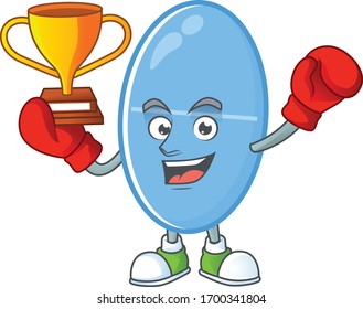 Proudly face of boxing winner blue capsule presented in cartoon character design