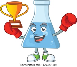 Proudly face of boxing winner blue chemical bottle presented in cartoon character design
