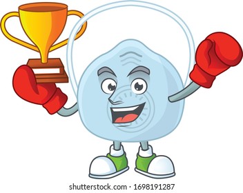 Proudly face of boxing winner breathing mask presented in cartoon character design