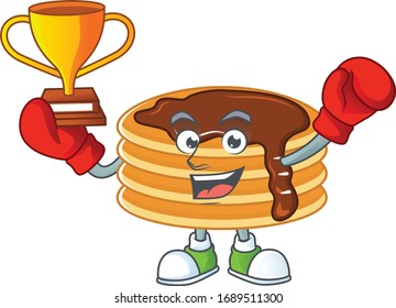 Proudly face of boxing winner chocolate cream pancake presented in a cartoon character design 