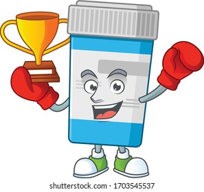 Proudly face of boxing winner medical bottle presented in cartoon character design