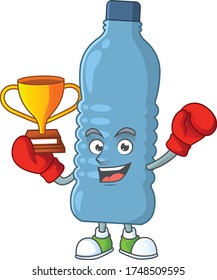 Proudly face of boxing winner mineral bottle presented in cartoon character design