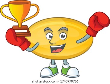 Proudly face of boxing winner oil capsule presented in cartoon character design