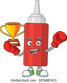 Proudly face of boxing winner sauce bottle cartoon character design. Vector illustration