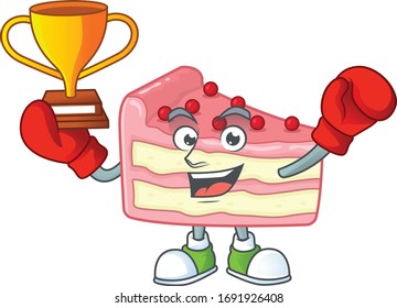 Proudly face of boxing winner strawberry slice cake presented in cartoon character design