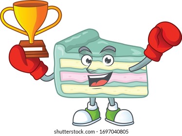 Proudly face of boxing winner vanilla slice cake presented in cartoon character design
