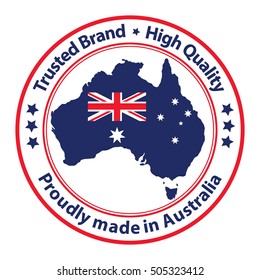 Proudly made in Australia, Trusted Brand, High Quality stamp / sticker / label with the national flag and the Australian map, 