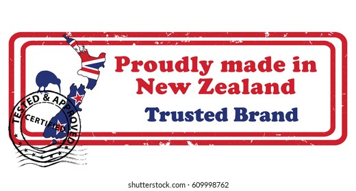 Proudly made in New Zealand, premium quality, trusted brand, original product - stamp with the national flag and map, Print colors used