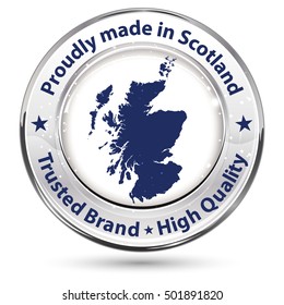 Proudly made in Scotland, Trusted Brand, High Quality - Icon / badge with the Scottish map on the background. 