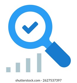Ícone Resultados Comprovados. Lente de aumento com marca de seleção e barras analíticas para análise de desempenho e sucesso verificados.