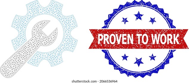 Proven to Work rubber stamp seal, and wrench with gear icon mesh structure. Red and blue bicolor stamp seal includes Proven to Work caption inside ribbon and rosette.