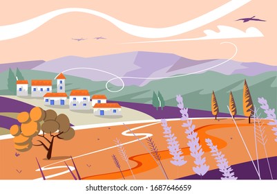 Provencal landscape, with lavender fields, birds, wind and trees.  