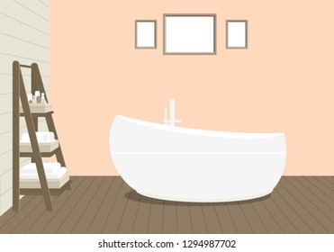 Provencal style bathroom with a fashionable bath, a rack for towels and cosmetics, paintings on the wall. Wooden planks on the floor and a light peach wall. Vector illustration