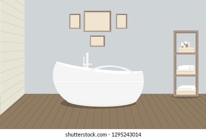 Provencal style bathroom with a fashionable bath with handle, a rack for towels and cosmetics, paintings on the wall. Wooden planks on the floor and a light blue wall. Vector illustration