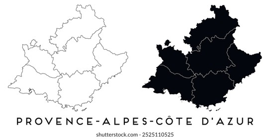 Provence Alpes Cote dazur mapa de regiões distritos vetor preto em branco e contorno