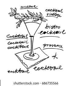 Provence cocktail with lavender flower. Hand drawn vector illustration.