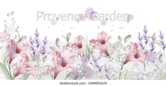 Provence flowers garden Vector watercolor. Lavender delicate pastelate colors