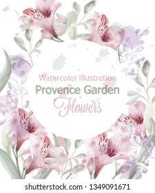 Provence flowers wreath Vector watercolor. Lavender delicate pastelate colors